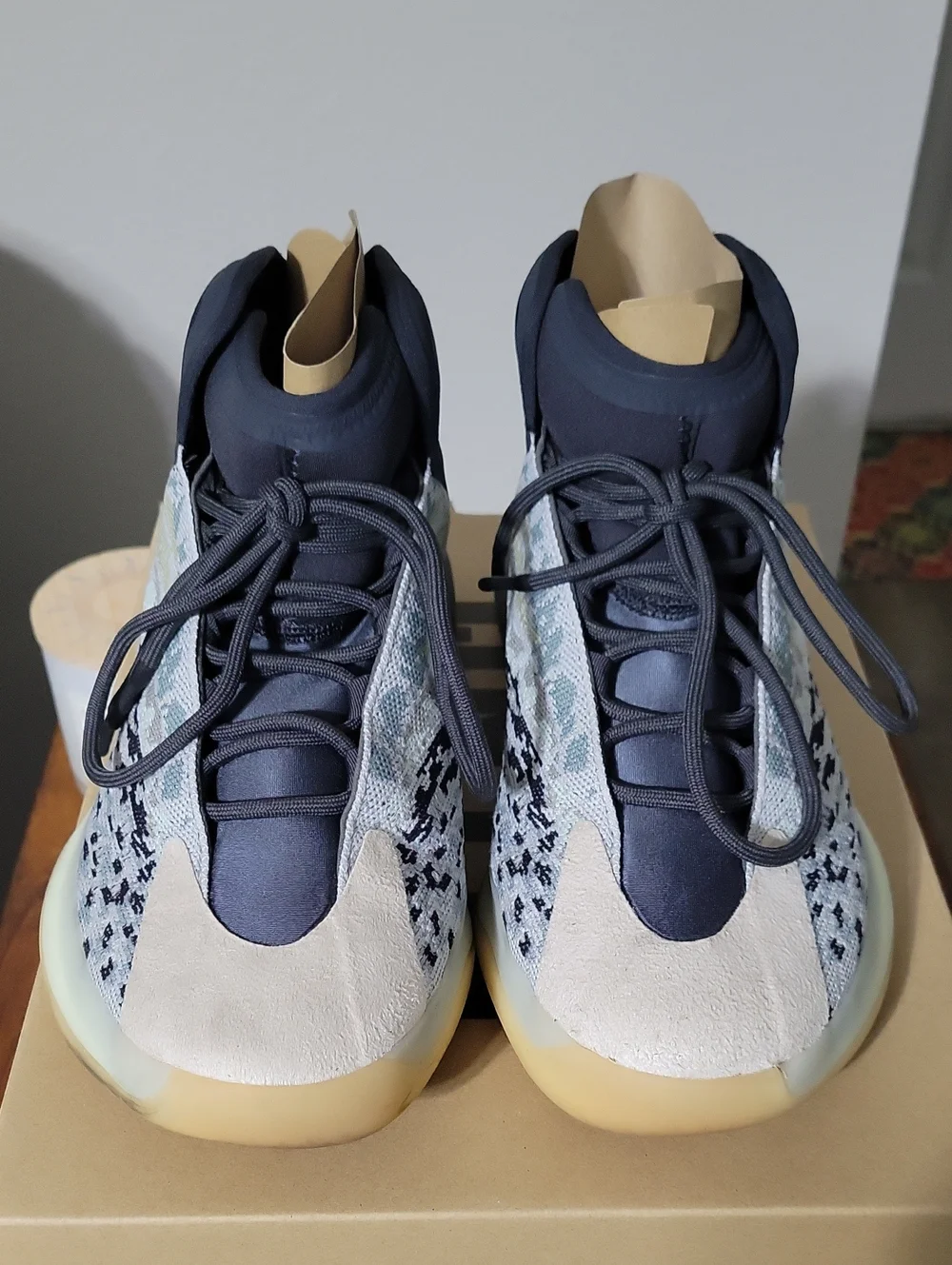 adidas YZY QNTM Knit High-Top Sneakers in Gray, Cream and Blue
